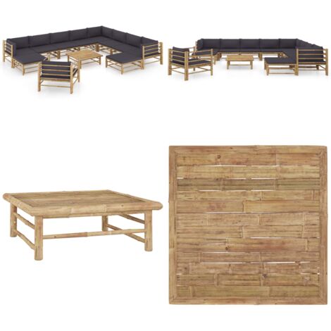 Set de muebles de jardín 12 pzas bambú con cojines gris oscuro - Cojines para sofá - Muebles de exterior