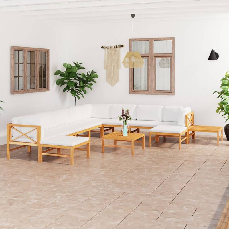 

Set de muebles de jardín 12 pzas madera de teca y cojines crema