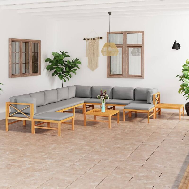 

Set de muebles de jardín 12 pzas madera de teca y cojines gris