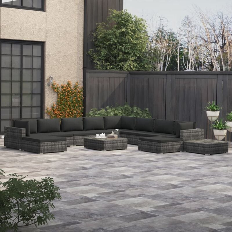

Set de muebles de jardín 12 pzas y cojines ratán sintético gris