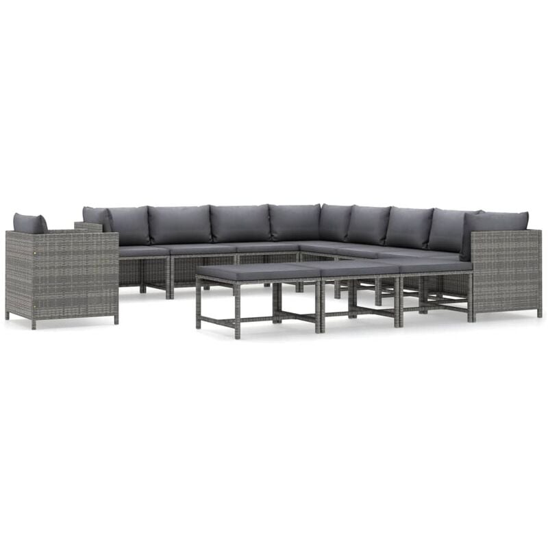

Set de muebles de jardín 12 pzas y cojines ratán sintético gris