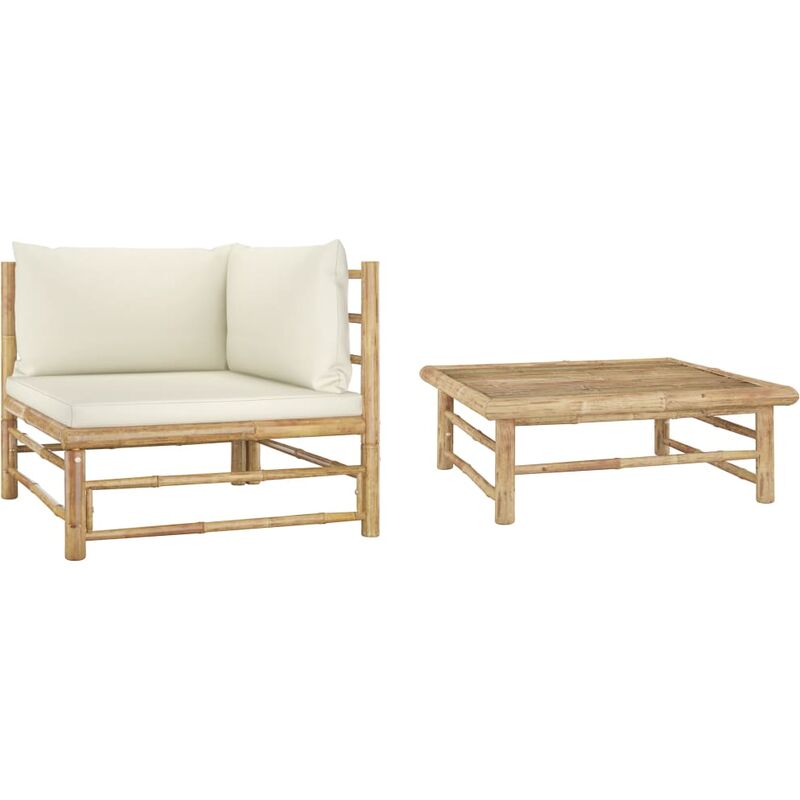 

Set de muebles de jardín 2 piezas bambú y cojines blanco crema