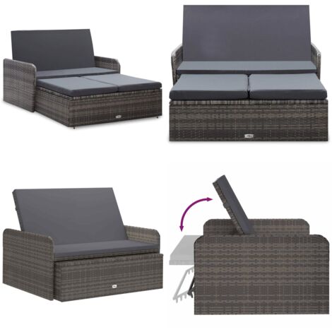 Set de muebles de jardín 2 pzas y cojines ratán sintético gris - Taburete de jardín - Ratán sintético