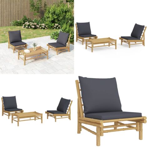 Set de muebles de jardín 3 piezas bambú con cojines gris oscuro - Muebles de exterior - Sillas de jardín