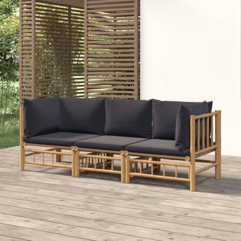 Set de muebles de jardín 3 piezas bambú con cojines gris oscuro vidaXL