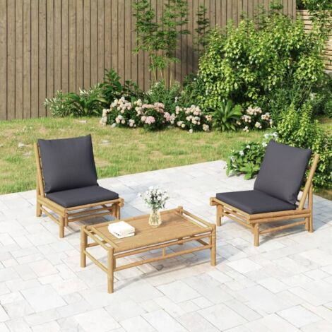 Set de muebles de jardín 3 piezas bambú con cojines gris oscuro vidaXL