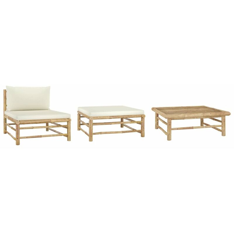 

Set de muebles de jardin 3 piezas bambu y cojines blanco crema