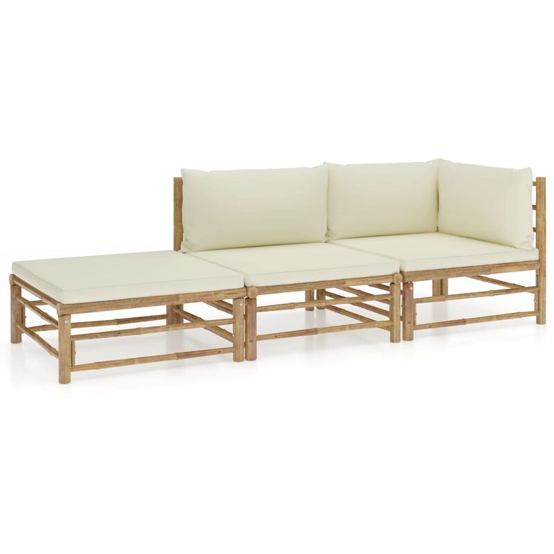 

Set de muebles de jardín 3 piezas bambú y cojines blanco crema