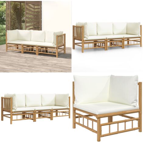 Set de muebles de jardín 3 piezas bambú y cojines blanco crema - Sofás de jardín - Cojines de jardín