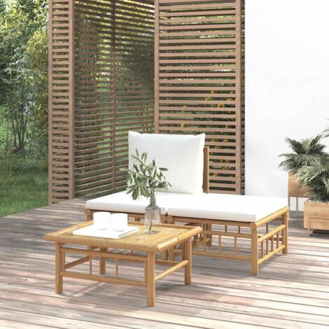Set de muebles de jardín 3 piezas bambú y cojines crema