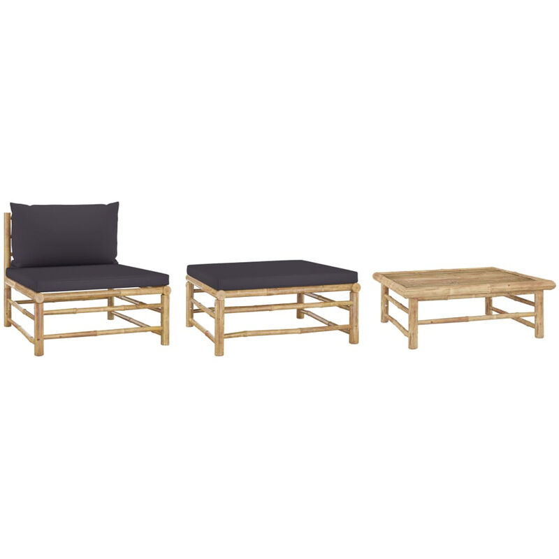 

Set de muebles de jardin 3 piezas bambu y cojines gris oscuro