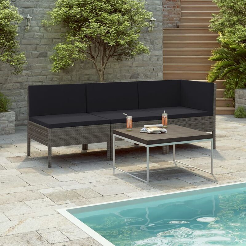 

Set de muebles de jardín 3 pzas y cojines ratán sintético gris
