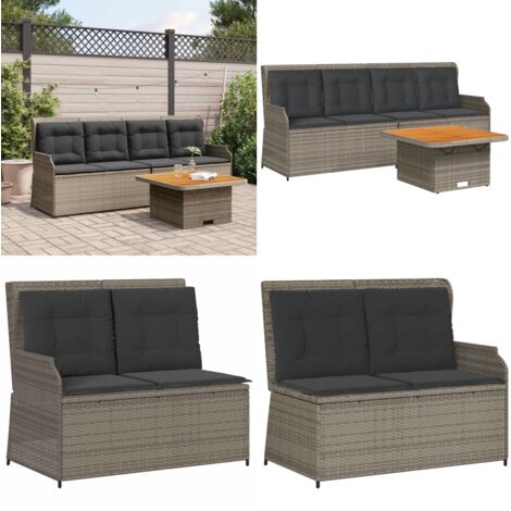 Set de muebles de jardín 3 pzas y cojines ratán sintético gris - Muebles de jardín - Banco de jardín reclinable