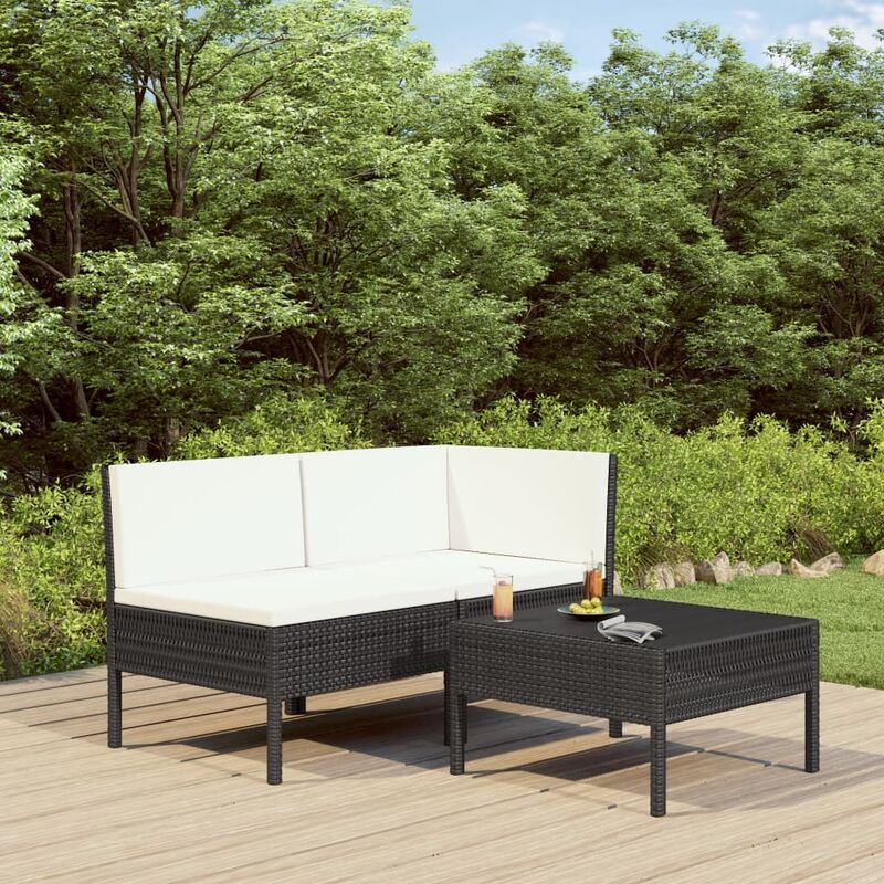

Set de muebles de jardín 3 pzas y cojines ratán sintético negro