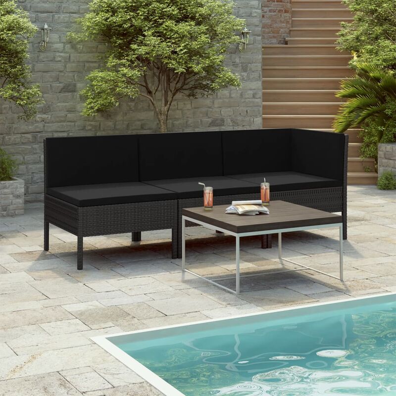 

Set de muebles de jardín 3 pzas y cojines ratán sintético negro