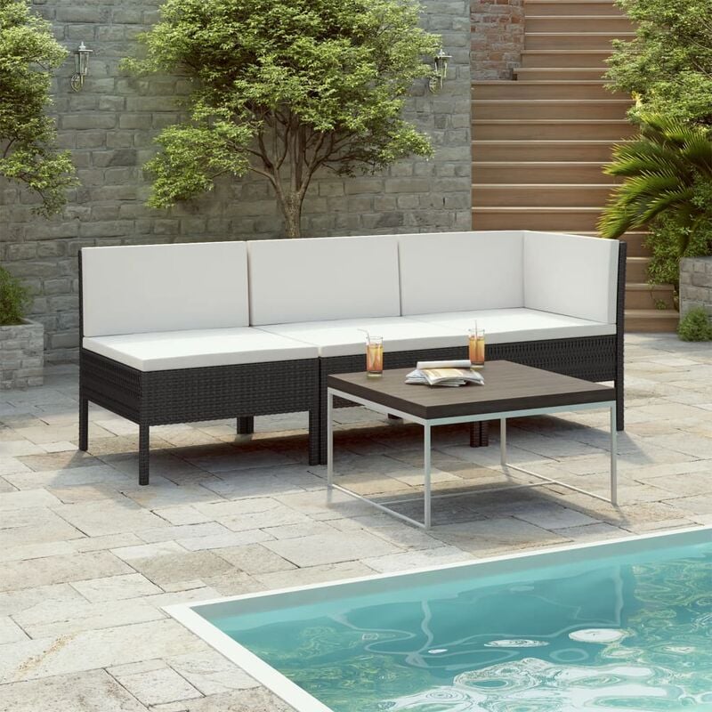 

Set de muebles de jardín 3 pzas y cojines ratán sintético negro