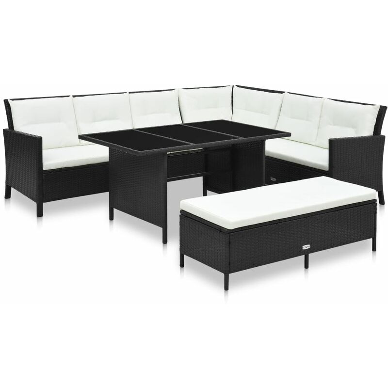 

Set de muebles de jardín 3 pzas y cojines ratán sintético negro