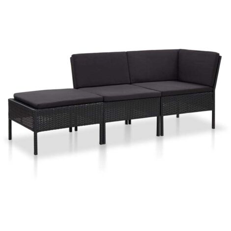 Set de muebles de jardín 3 pzas y cojines ratán sintético negro