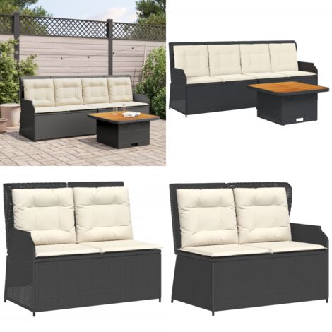 Set de muebles de jardín 3 pzas y cojines ratán sintético negro - Muebles de jardín - Banco de jardín reclinable