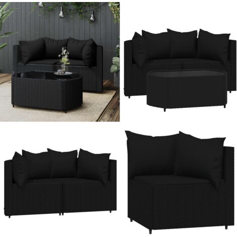 Set de muebles de jardín 3 pzas y cojines ratán sintético negro - Sofás de jardín - Cojines sintéticos