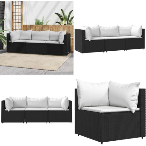 Set de muebles de jardín 3 pzas y cojines ratán sintético negro - Sofás de jardín - Ratán sintético