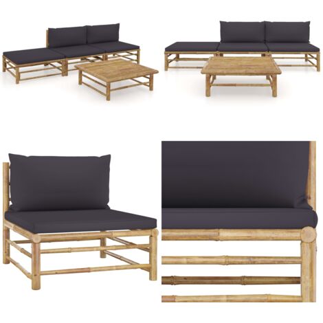 Set de muebles de jardín 4 piezas bambú con cojines gris oscuro - Cojines para jardín - Tumbonas de exterior