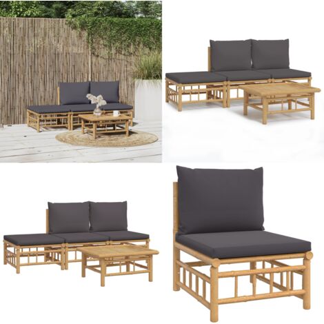 Set de muebles de jardín 4 piezas bambú con cojines gris oscuro - Muebles de exterior - Sofás de jardín