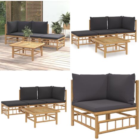 Set de muebles de jardín 4 piezas bambú con cojines gris oscuro - Muebles de exterior - Sofás de jardín