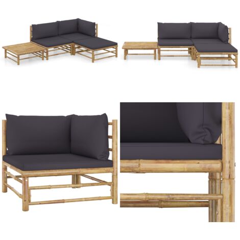 Set de muebles de jardín 4 piezas bambú con cojines gris oscuro - Tumbonas - Cojines