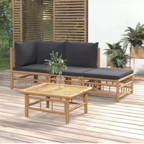 Set de muebles de jardín 4 piezas bambú con cojines gris oscuro vidaXL