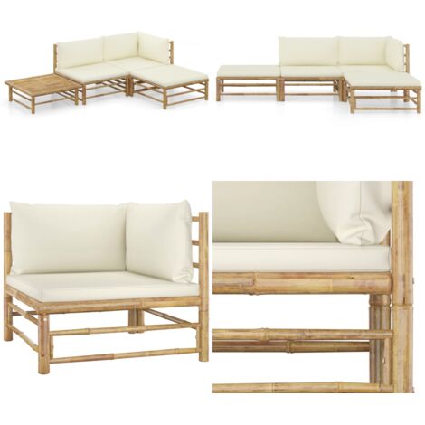 Set de muebles de jardín 4 piezas bambú y cojines blanco crema - Cojines de jardín - Tumbonas de exterior