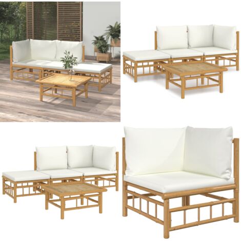 Set de muebles de jardín 4 piezas bambú y cojines blanco crema - Muebles de exterior - Sofás de jardín