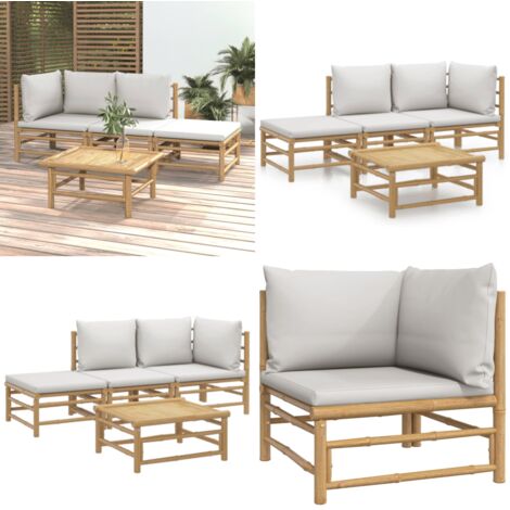 Set de muebles de jardín 4 piezas bambú y cojines gris claro - Muebles de exterior - Sofás de jardín