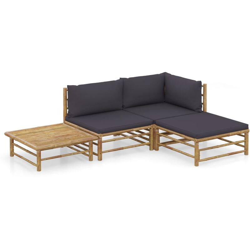 

Set de muebles de jardín 4 piezas bambú y cojines gris oscuro