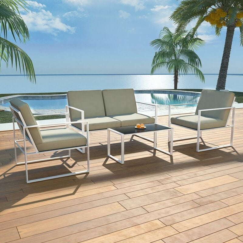 

Set de muebles de jardín 4 piezas y cojines acero blanco