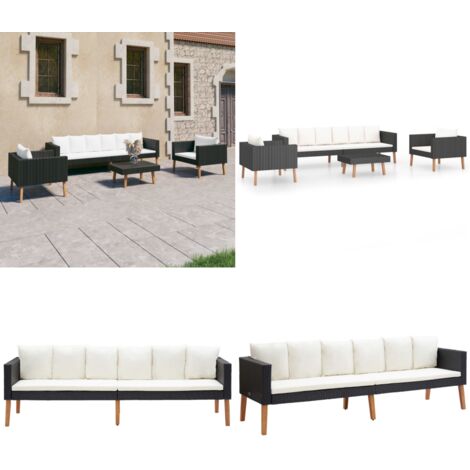 Set de muebles de jardín 4 pzas y cojines ratán sintético negro - Sofá de jardín - Mesa de centro