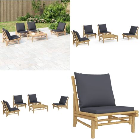 Set de muebles de jardín 5 piezas bambú con cojines gris oscuro - Muebles de exterior - Sillas de jardín