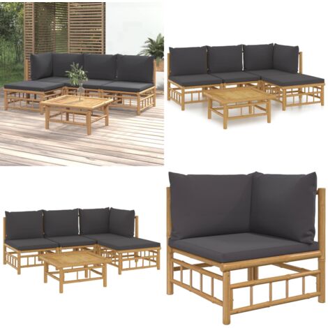 Set de muebles de jardín 5 piezas bambú con cojines gris oscuro - Muebles de exterior - Sofás de jardín