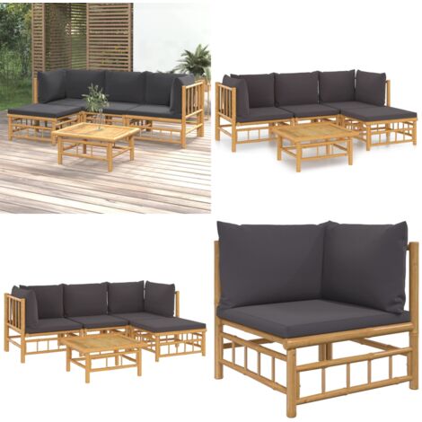 Set de muebles de jardín 5 piezas bambú con cojines gris oscuro - Muebles de exterior - Sofás de jardín