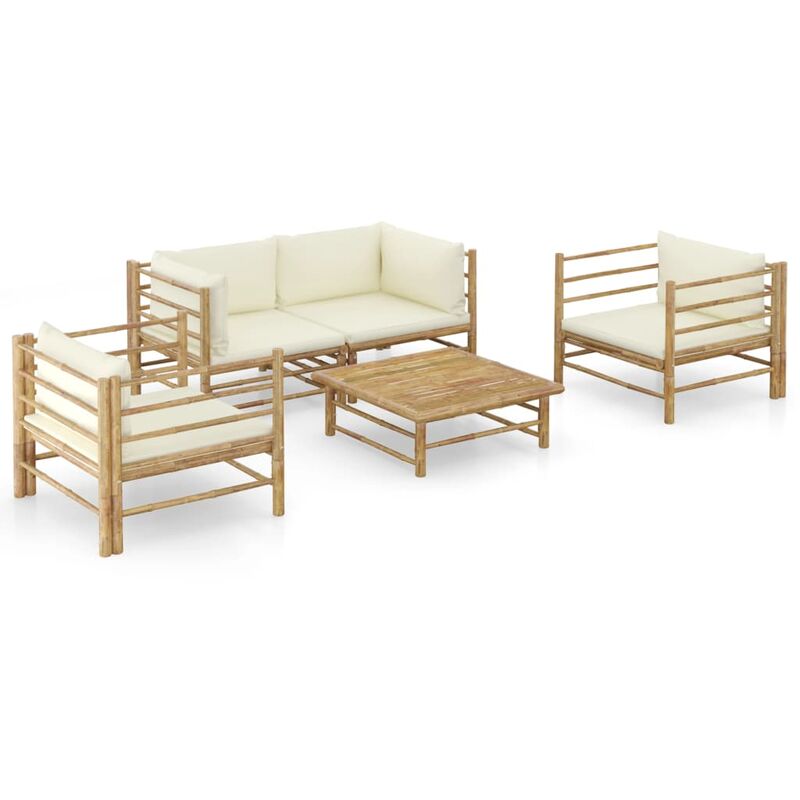 

Set de muebles de jardín 5 piezas bambú y cojines blanco crema