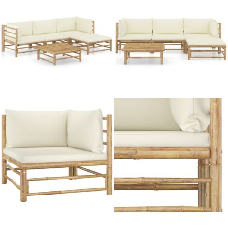 Set de muebles de jardín 5 piezas bambú y cojines blanco crema - Cojines de bambú - Tumbonas de exterior