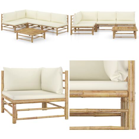 Set de muebles de jardín 5 piezas bambú y cojines blanco crema - Cojines de bambú - Tumbonas de exterior
