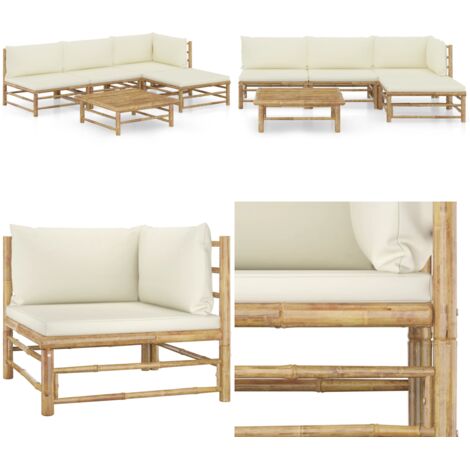 Set de muebles de jardín 5 piezas bambú y cojines blanco crema - Cojines de bambú - Tumbonas de exterior