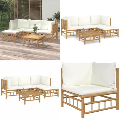 Set de muebles de jardín 5 piezas bambú y cojines blanco crema - Muebles de exterior - Sofás de jardín
