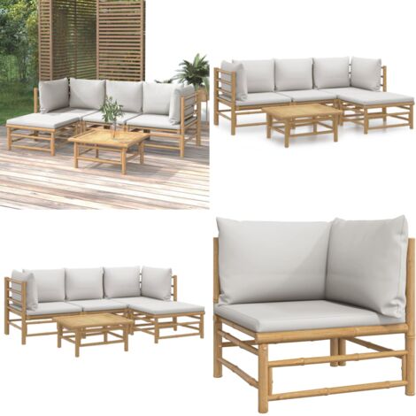 Set de muebles de jardín 5 piezas bambú y cojines gris claro - Muebles de exterior - Sofás de jardín