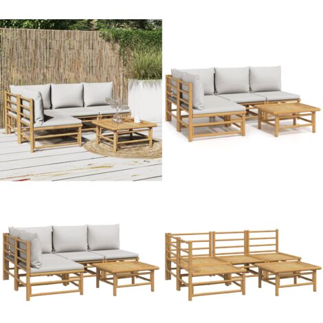 Set de muebles de jardín 5 piezas bambú y cojines gris claro - Muebles de exterior - Sofás de jardín