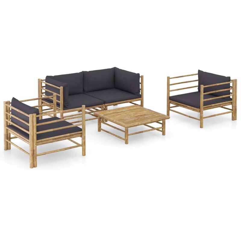 

Set de muebles de jardín 5 piezas bambú y cojines gris oscuro