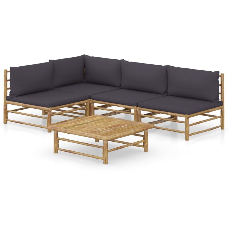 

Set de muebles de jardín 5 piezas bambú y cojines gris oscuro