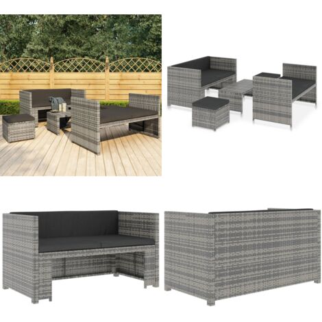 Set de muebles de jardín 5 pzas y cojines ratán sintético gris - Banco de jardín - Mesa de centro