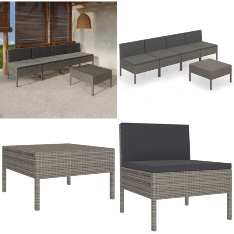 Set de muebles de jardín 5 pzas y cojines ratán sintético gris - Muebles de jardín - Tumbonas